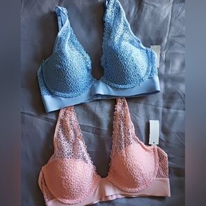 Lace Underwire Bra Set - Blue and Peach
